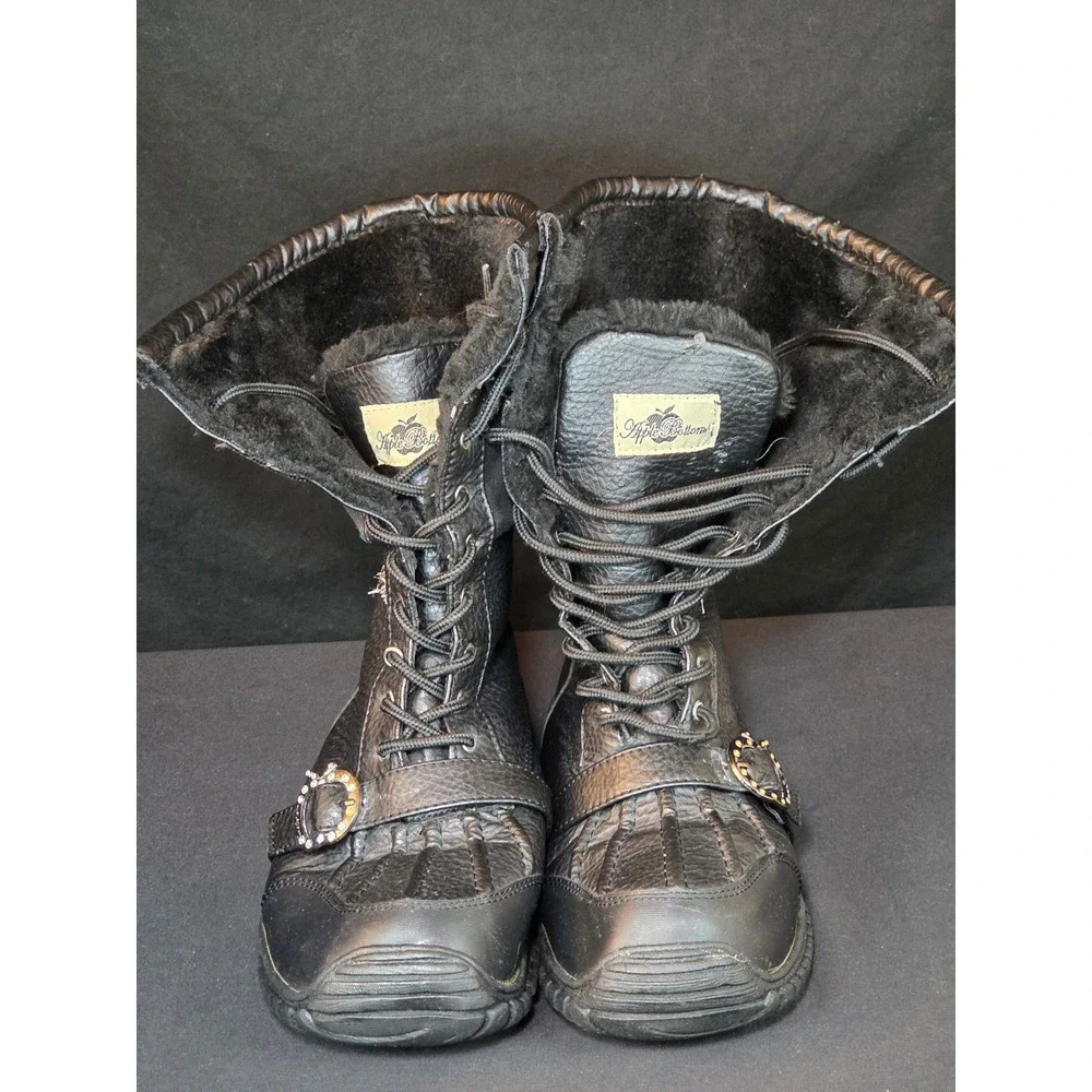 Apple Bottoms Womens Black Leather Faux Fur Lined Winter Boot Rhinestone Size 11